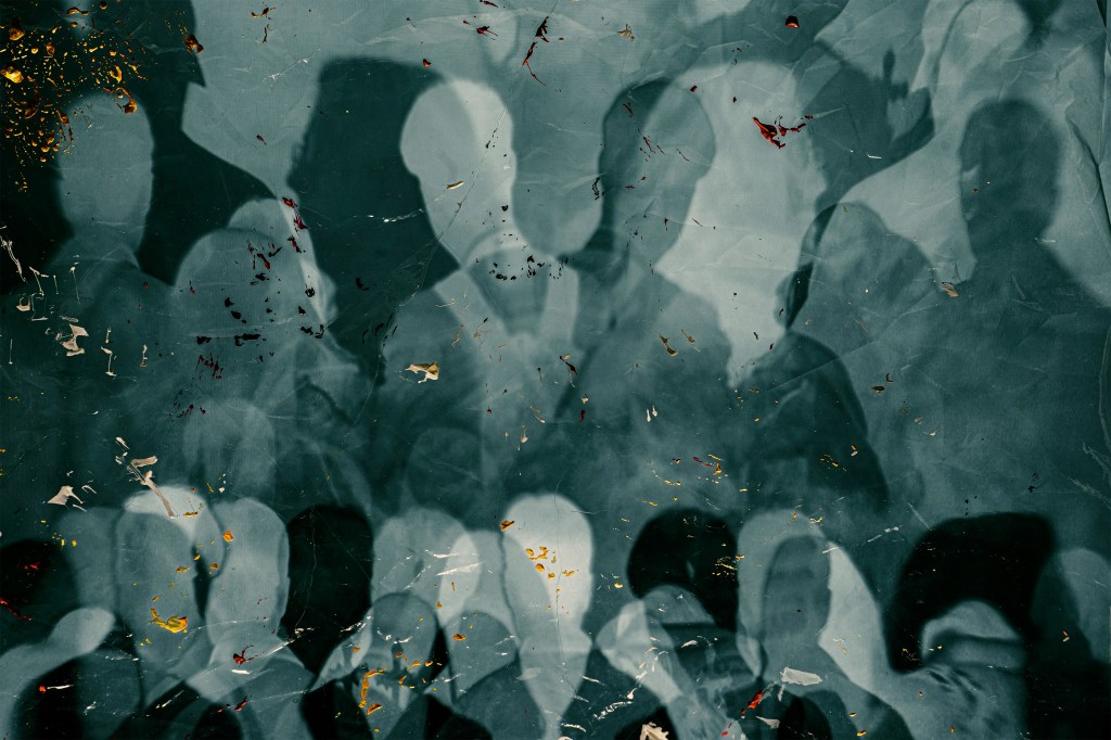Image: overlapping silhouettes of people in a crowd, rendered in muted teal and gray tones with scratched textures, creating a sense of anonymity and collective unease.