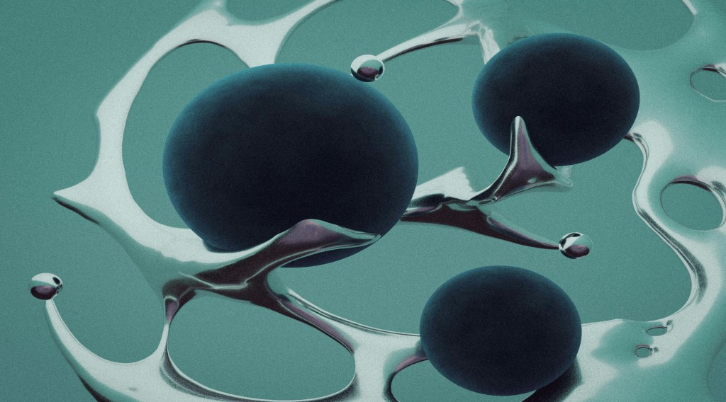 An abstract, grainy digital artwork featuring three dark matte spheres suspended within a surreal, web-like liquid chrome structure against a muted teal background.
